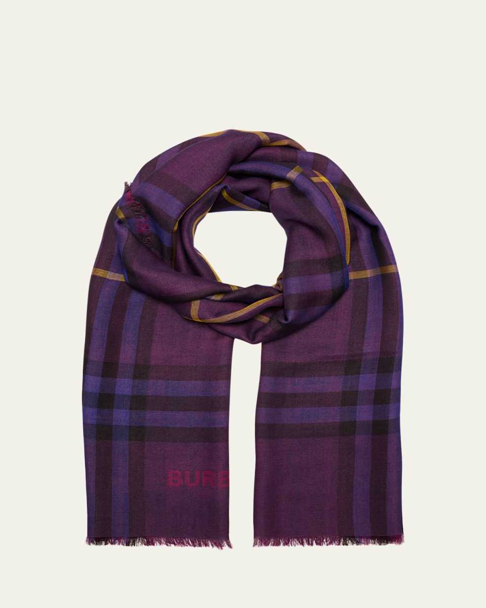 Check Gauze Wool-Silk Scarf